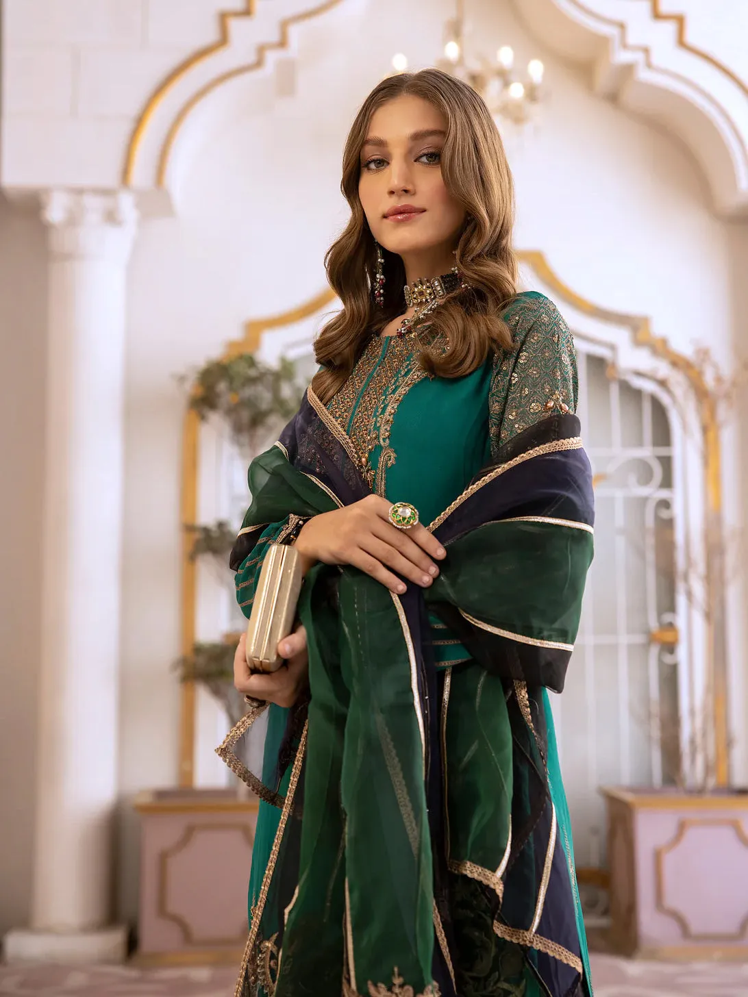 Ally's Green Chiffon Embroidered 3-Piece Suit (AL-3651)