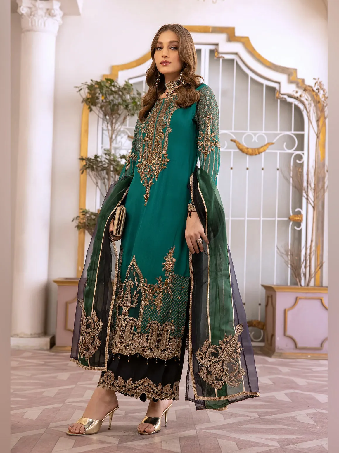 Ally's Green Chiffon Embroidered 3-Piece Suit (AL-3651)