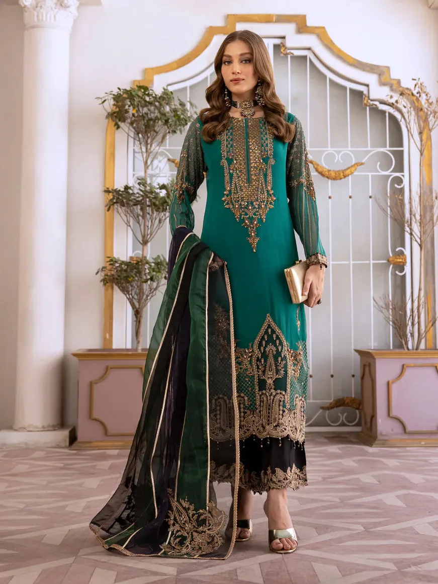 Ally's Green Chiffon Embroidered 3-Piece Suit (AL-3651)