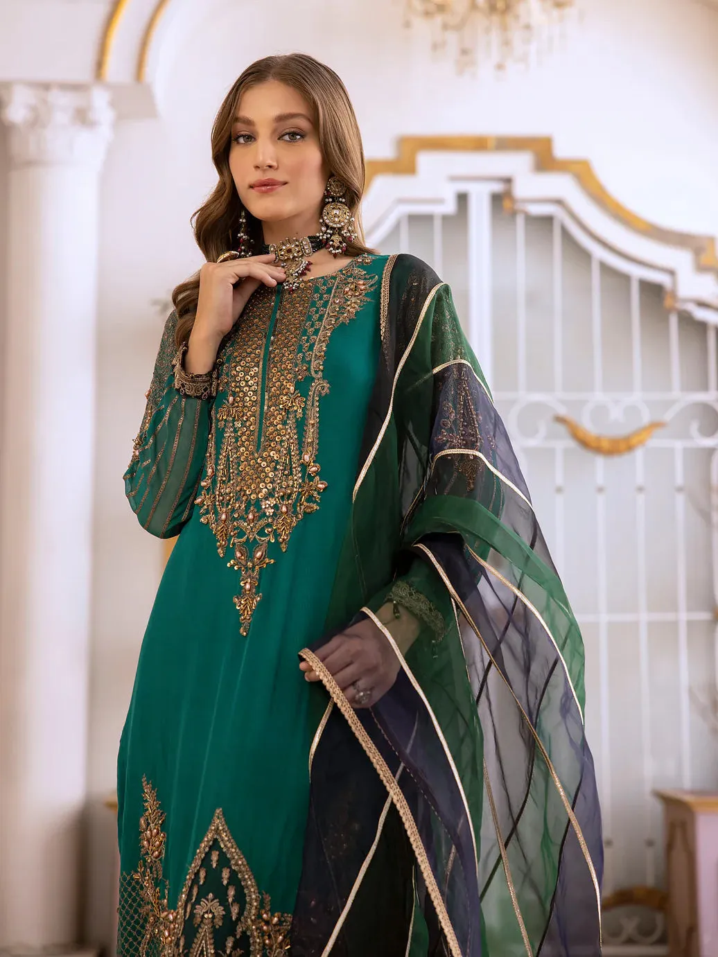 Ally's Green Chiffon Embroidered 3-Piece Suit (AL-3651)