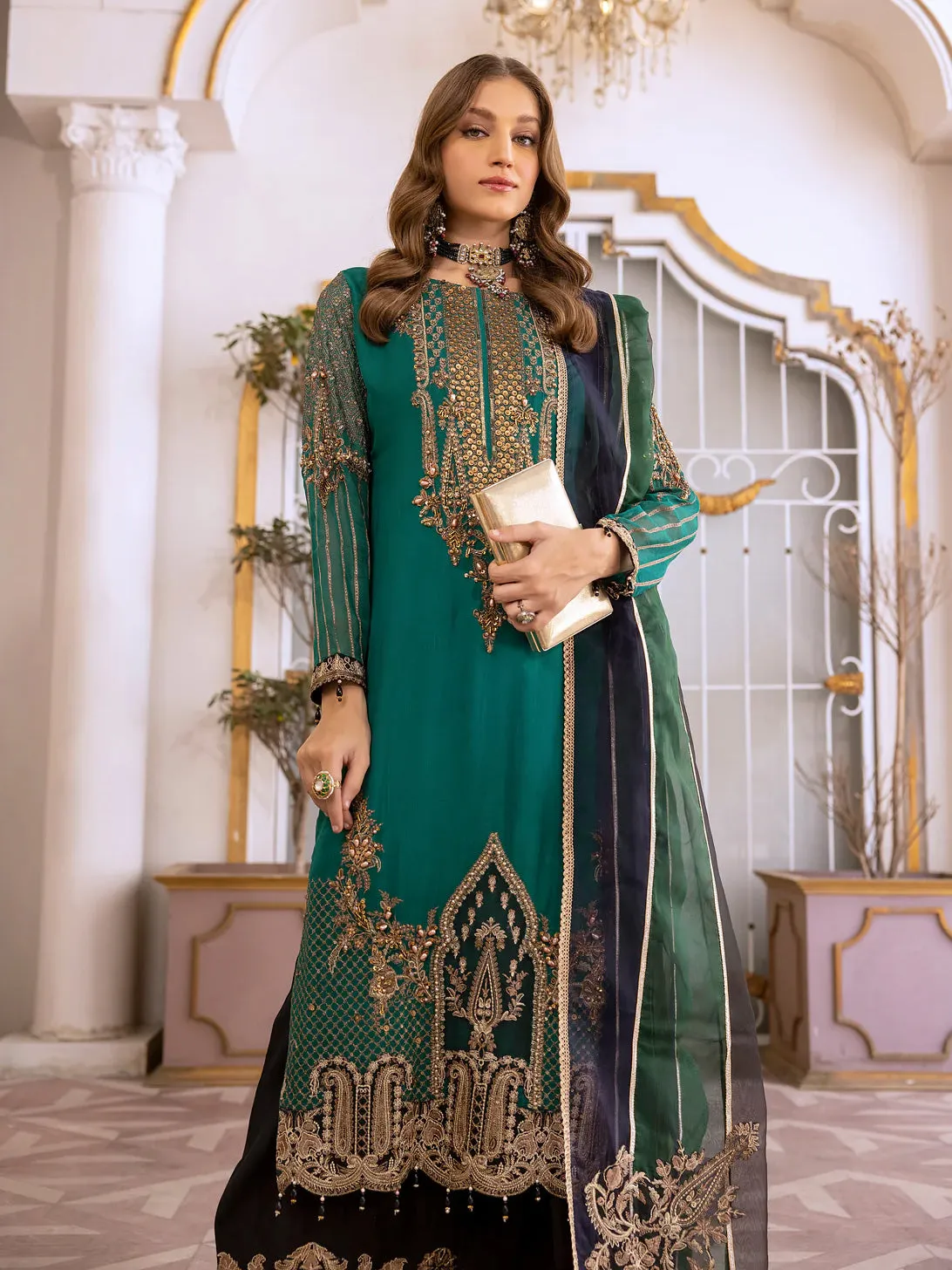 Ally's Green Chiffon Embroidered 3-Piece Suit (AL-3651)