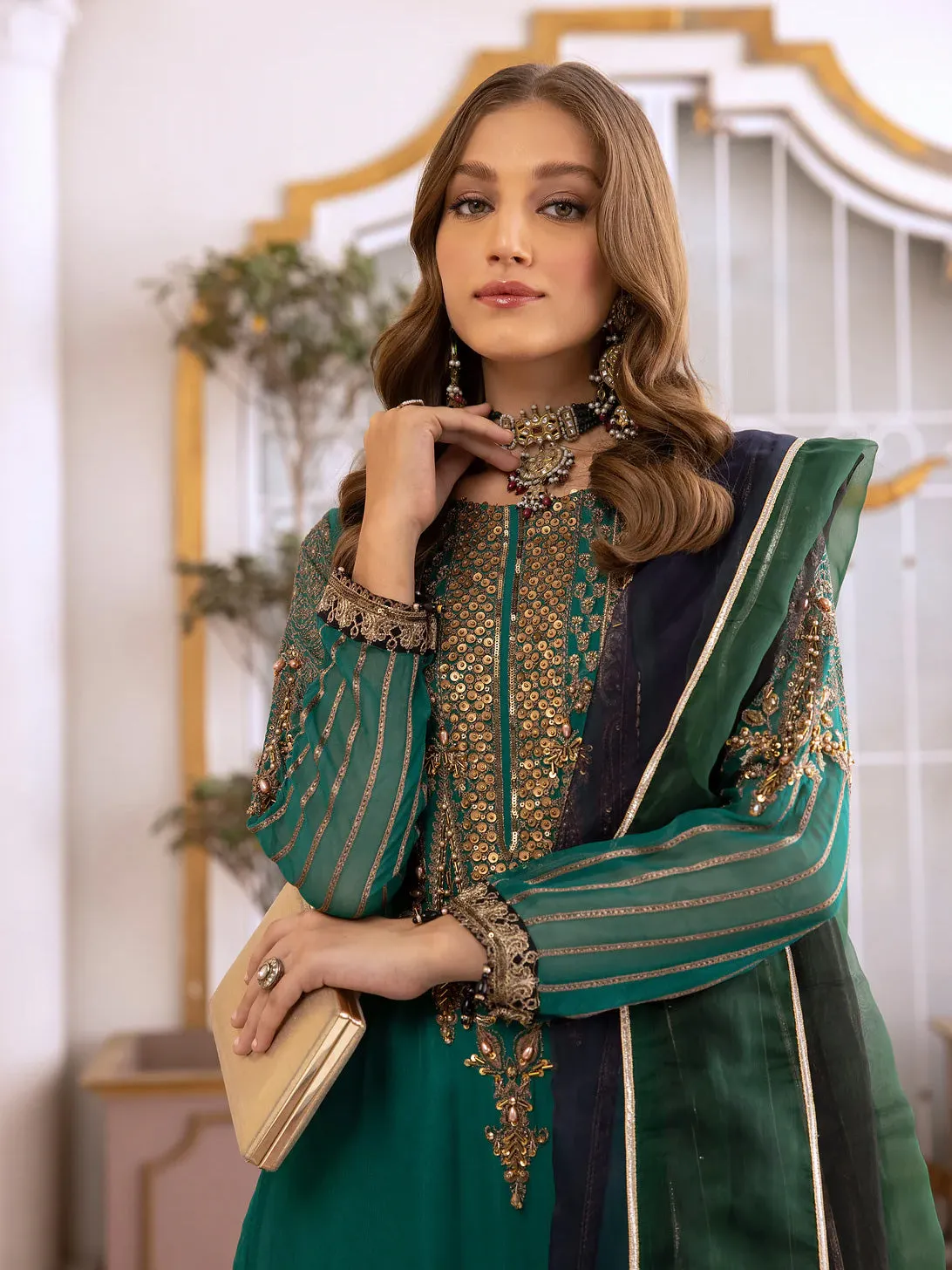 Ally's Green Chiffon Embroidered 3-Piece Suit (AL-3651)