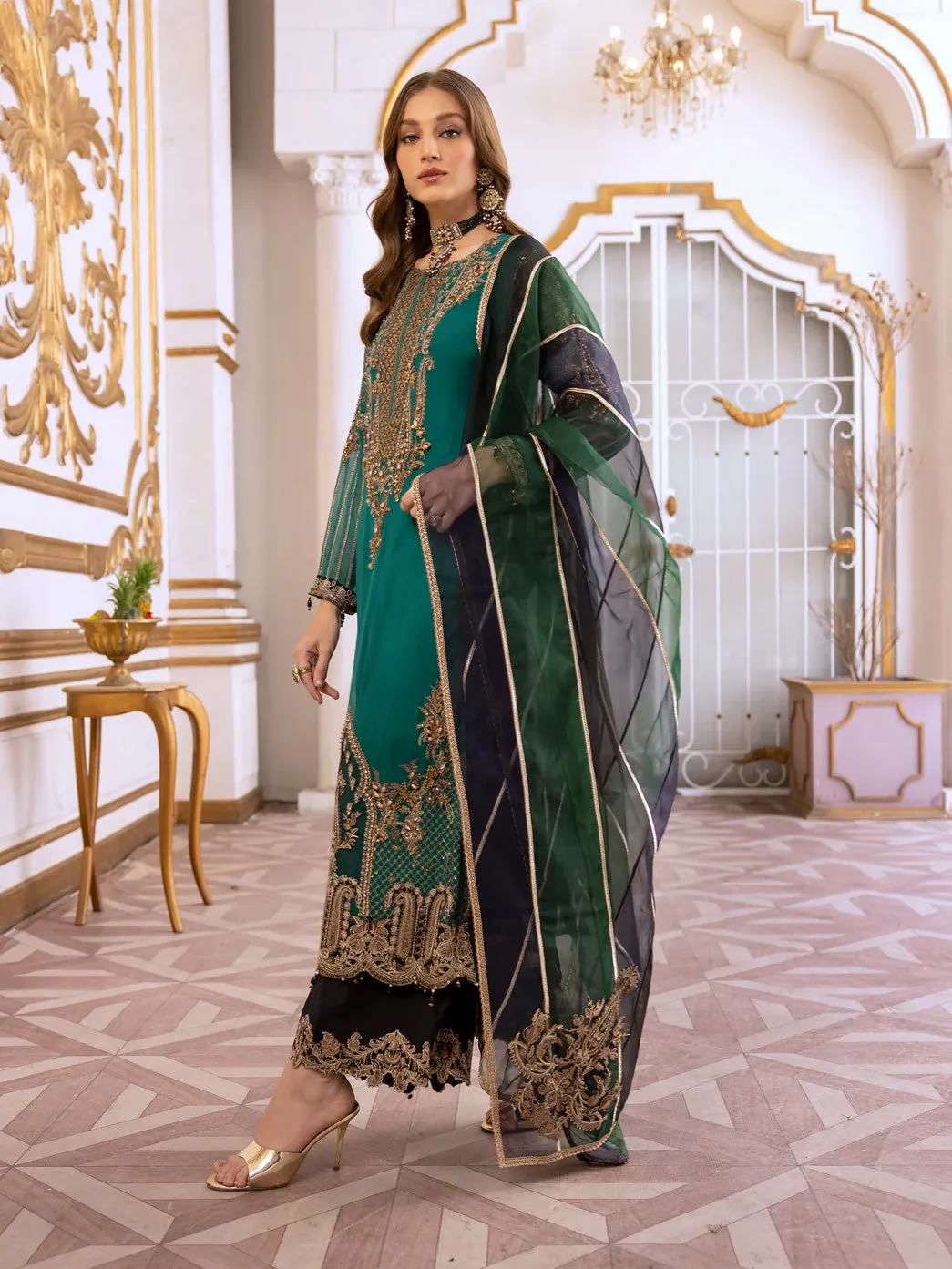 Ally's Green Chiffon Embroidered 3-Piece Suit (AL-3651)