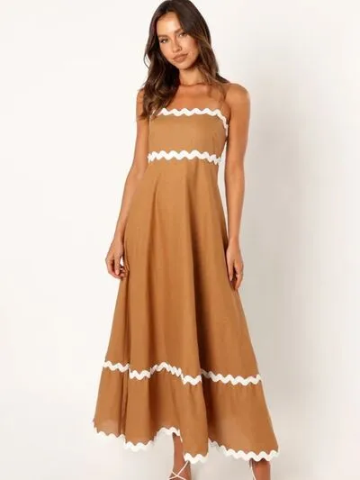 Amalfi Spaghetti Strap A-Line Maxi Dress with Contrast RicRac Trim | 4 Colors | Poundton