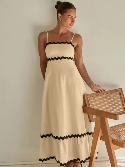 Amalfi Spaghetti Strap A-Line Maxi Dress with Contrast RicRac Trim | 4 Colors | Poundton