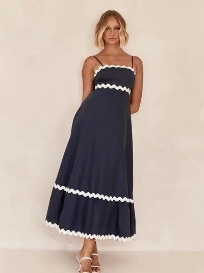 Amalfi Spaghetti Strap A-Line Maxi Dress with Contrast RicRac Trim | 4 Colors | Poundton