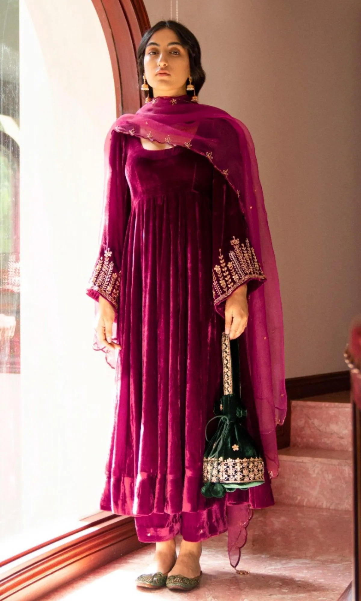 Bareen Embroidered  - Deep Orchid Velvet Anarkali With Palazzo And Organza Dupatta - Set of 3 - RTS