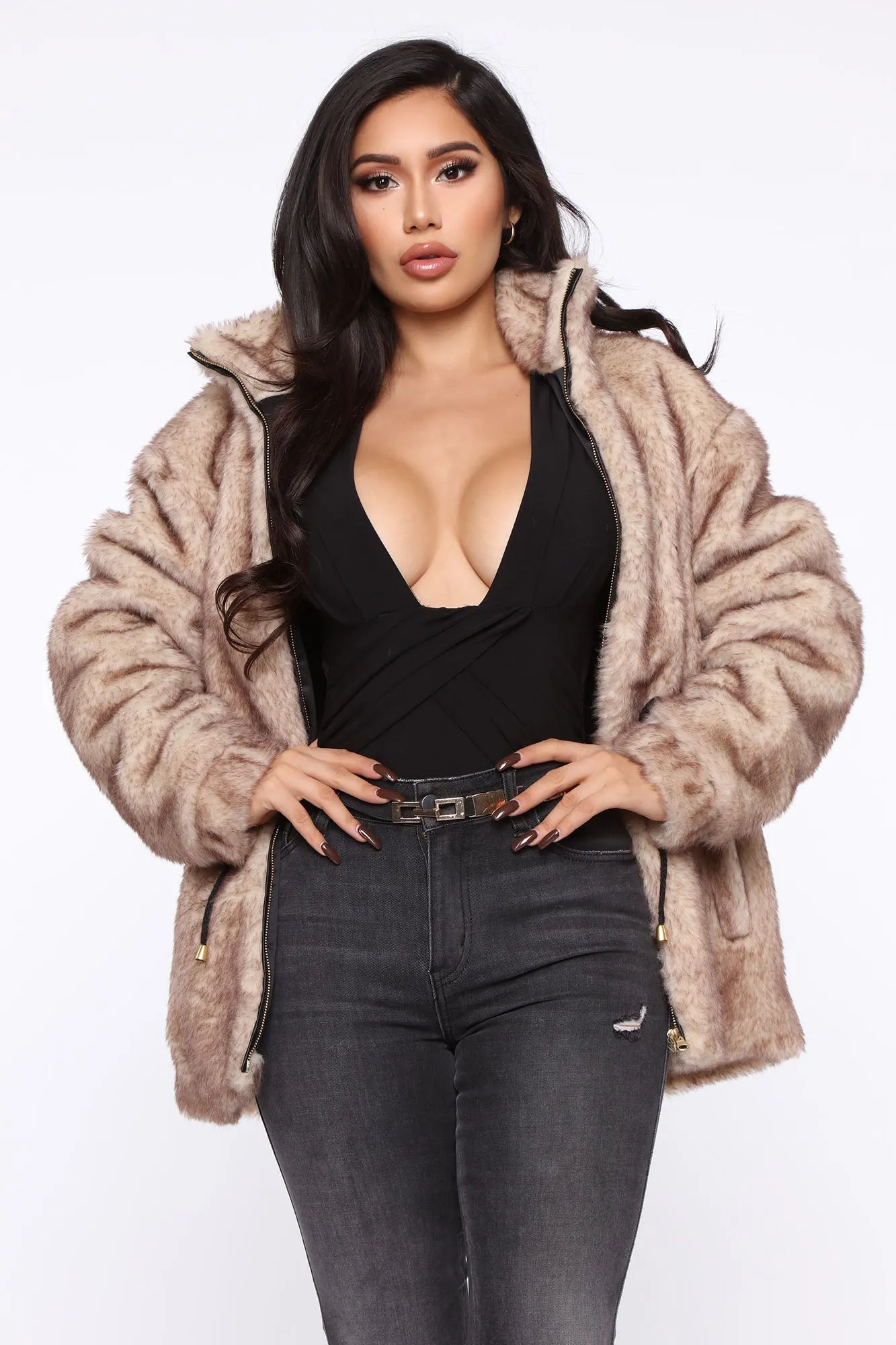 Bear Hugs Only Faux Fur Jacket - Brown