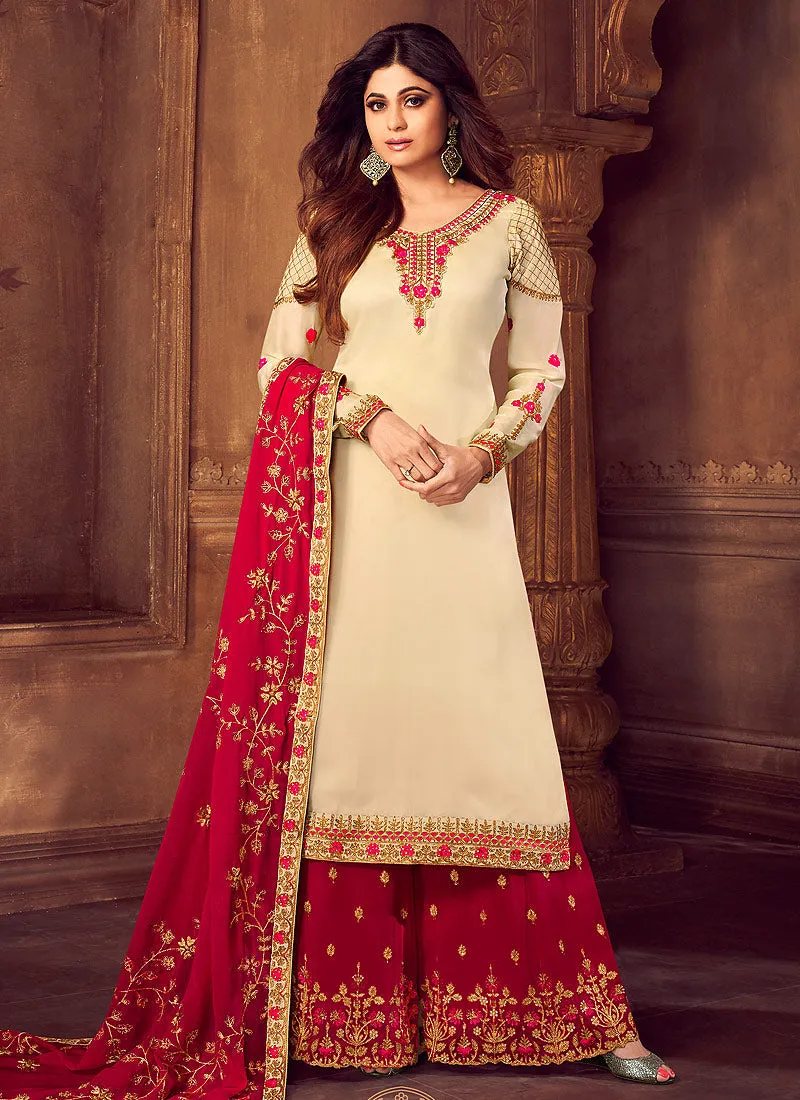 Beige And Crimson Traditional Embroidered Palazzo Suit