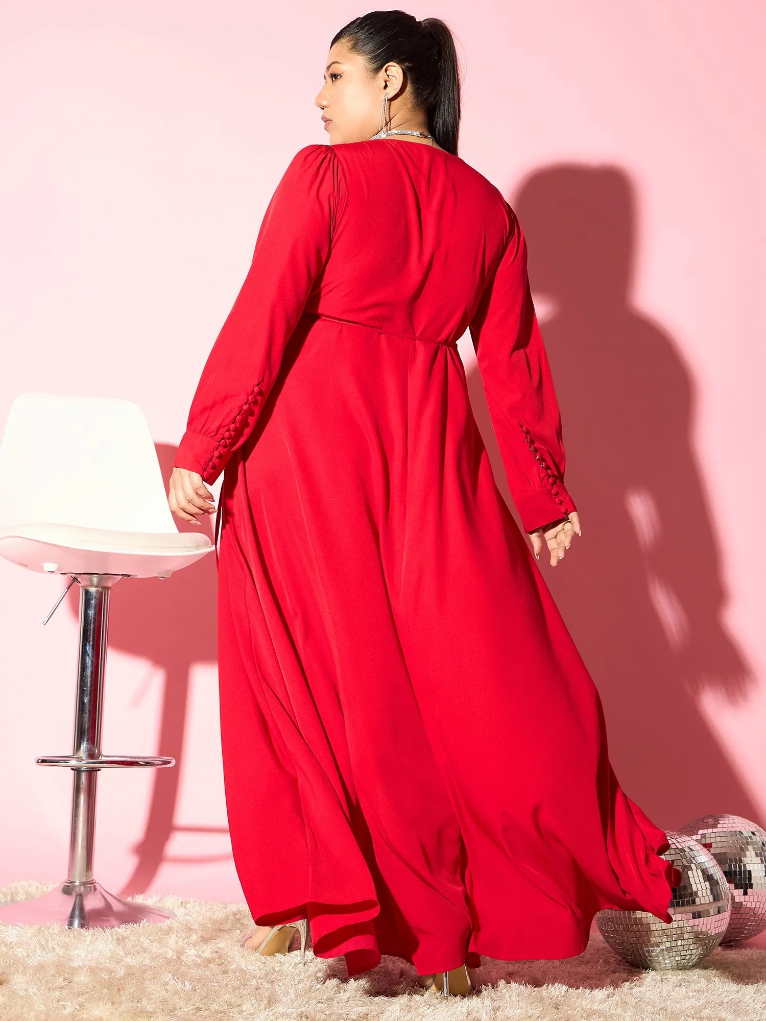 Berrylush Curve Women Solid Red V-Neck Cuff Sleeves Waist Tie-Up Pleated Maxi Dress