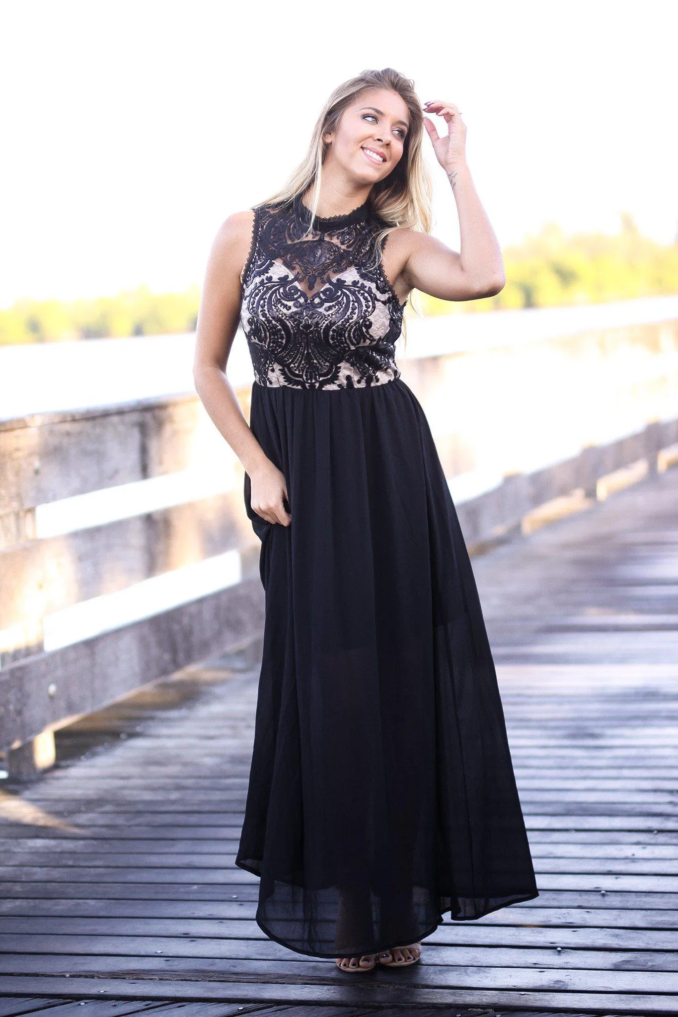 Black and Nude Maxi Dress with Sequined Top