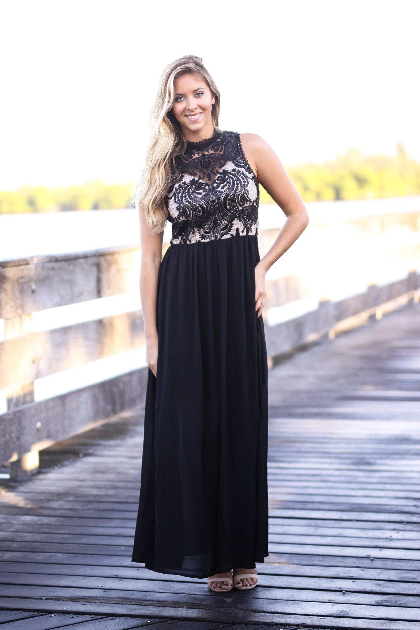 Black and Nude Maxi Dress with Sequined Top