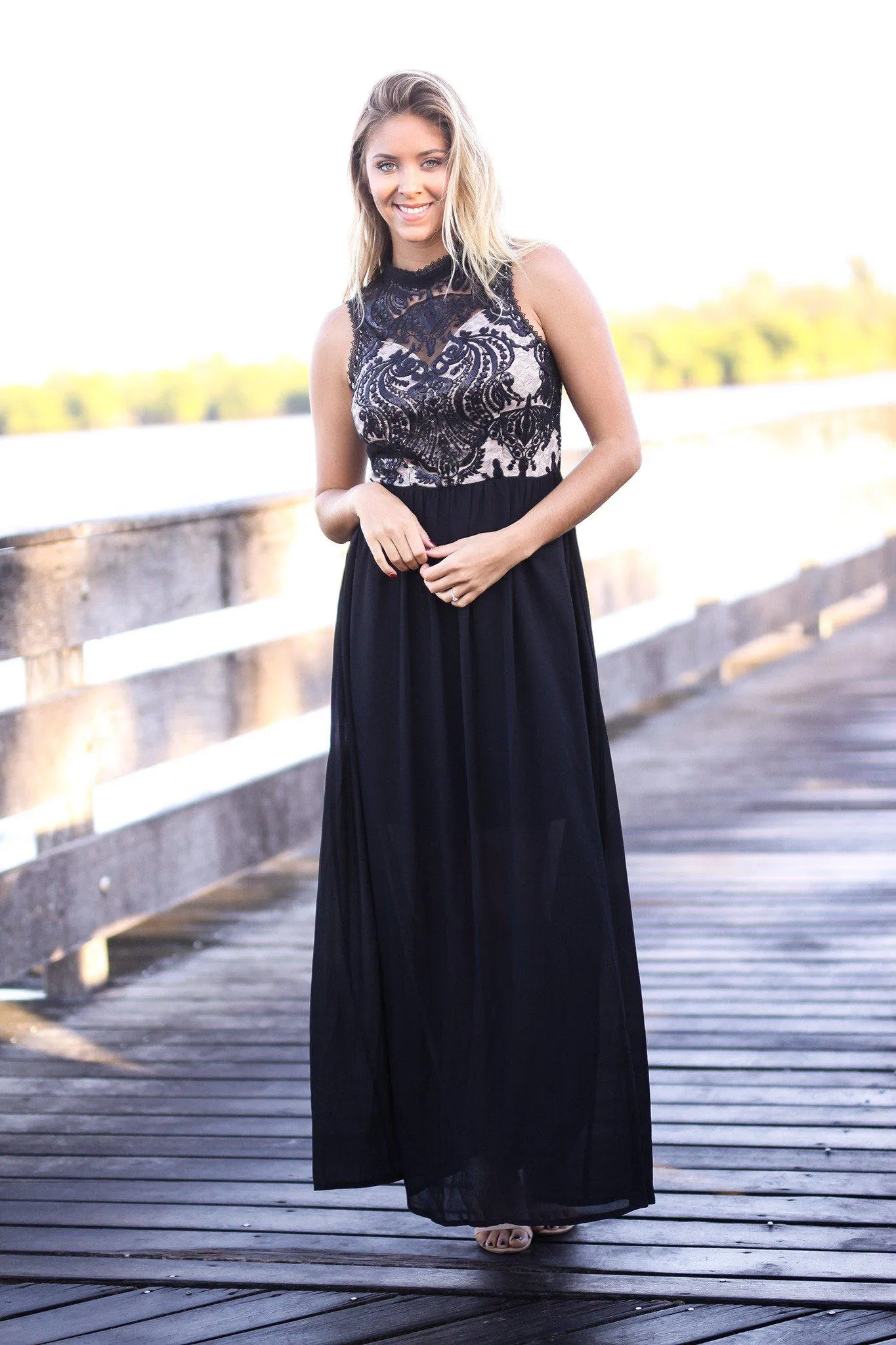 Black and Nude Maxi Dress with Sequined Top