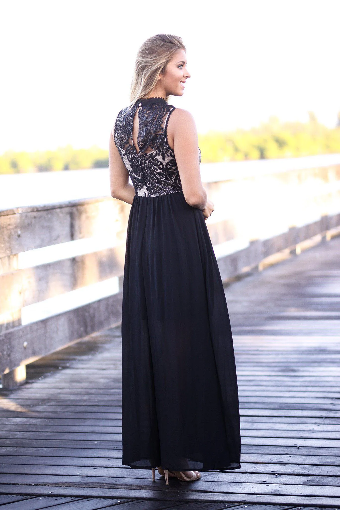 Black and Nude Maxi Dress with Sequined Top