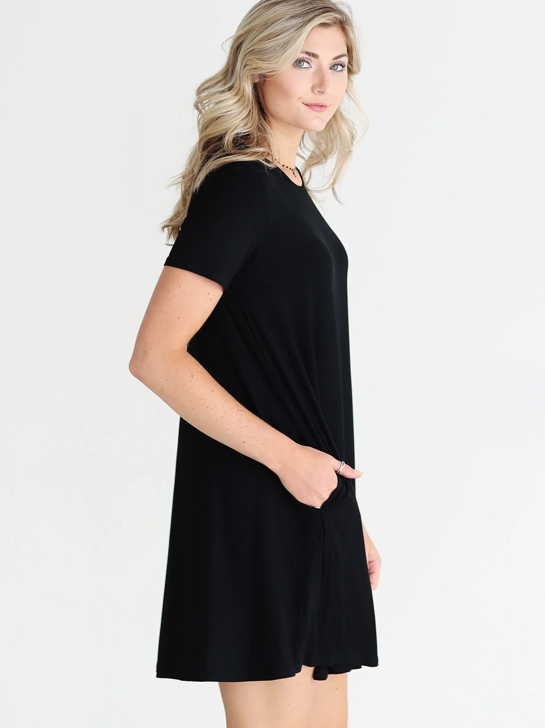 Black DLMN Short Sleeve Pocket Swing Dress