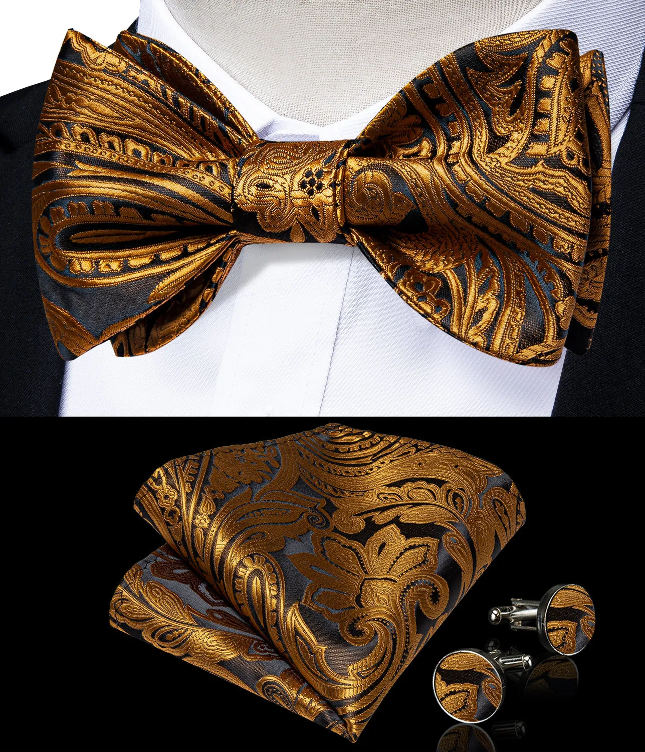 Black Golden Floral Silk Bowtie Pocket Square Cufflinks Set