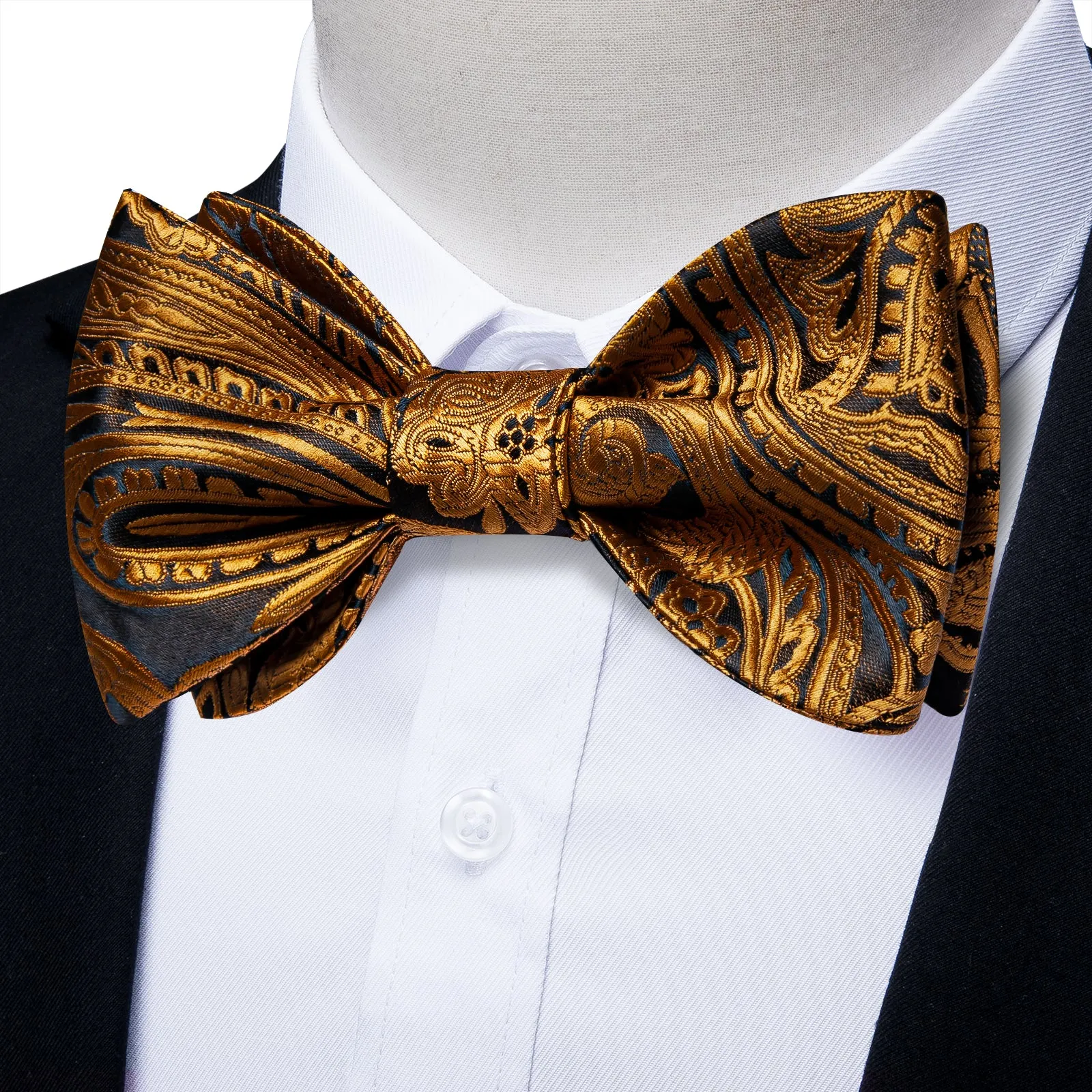 Black Golden Floral Silk Bowtie Pocket Square Cufflinks Set