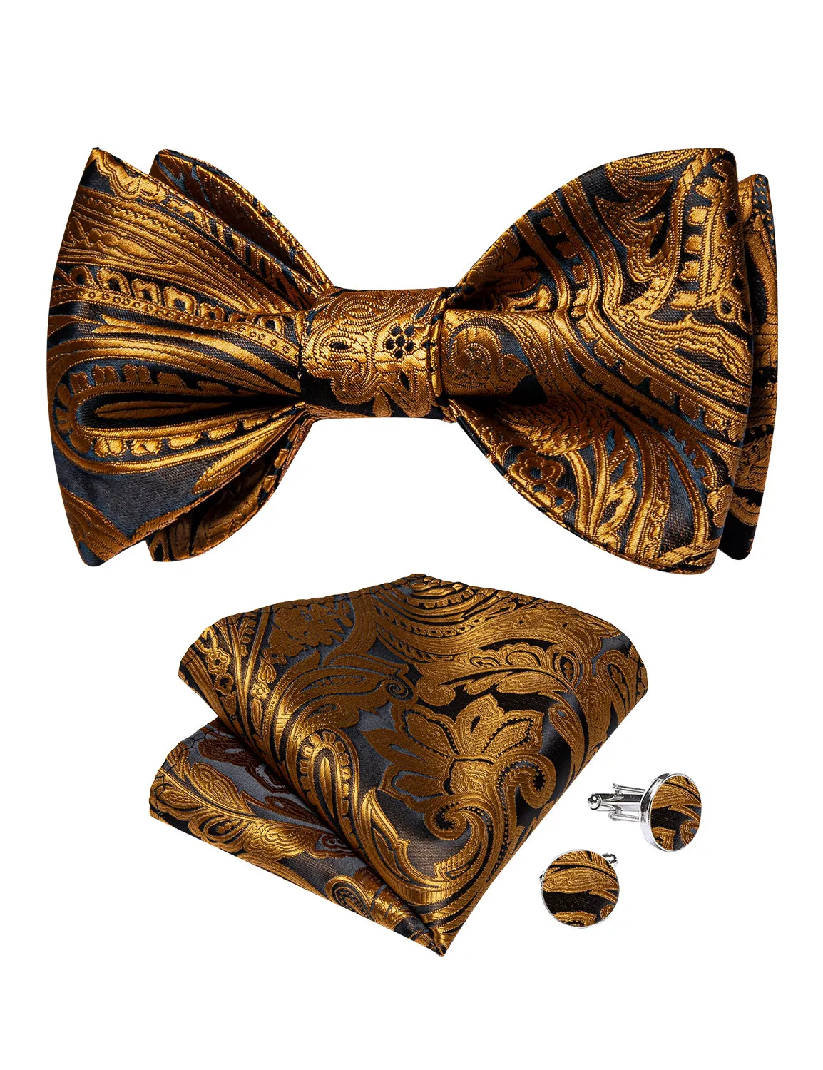 Black Golden Floral Silk Bowtie Pocket Square Cufflinks Set