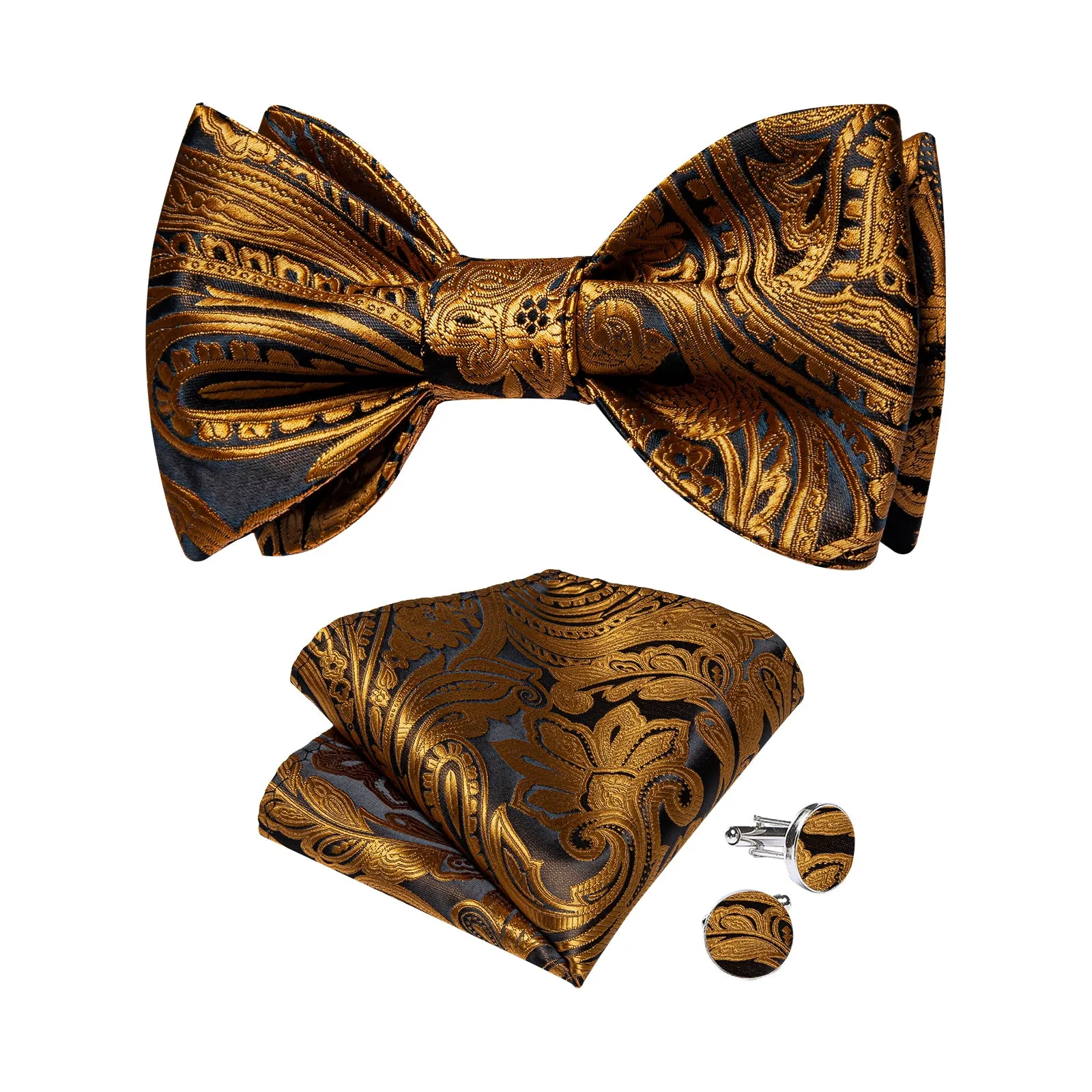 Black Golden Floral Silk Bowtie Pocket Square Cufflinks Set