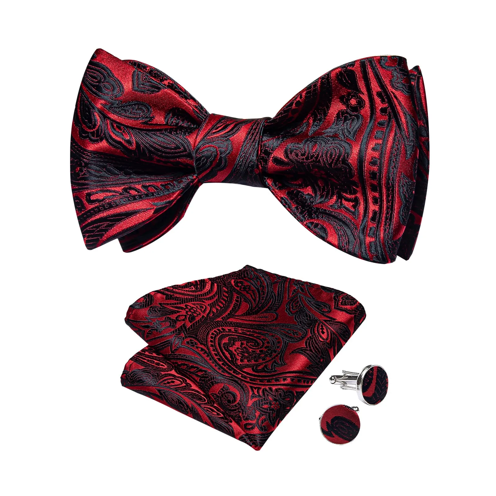 Black Red Floral Silk Bowtie Pocket Square Cufflinks Set