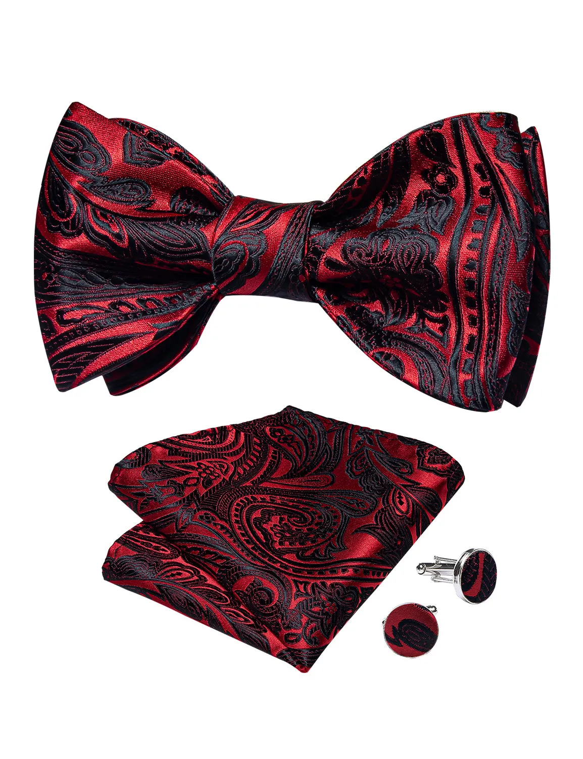 Black Red Floral Silk Bowtie Pocket Square Cufflinks Set