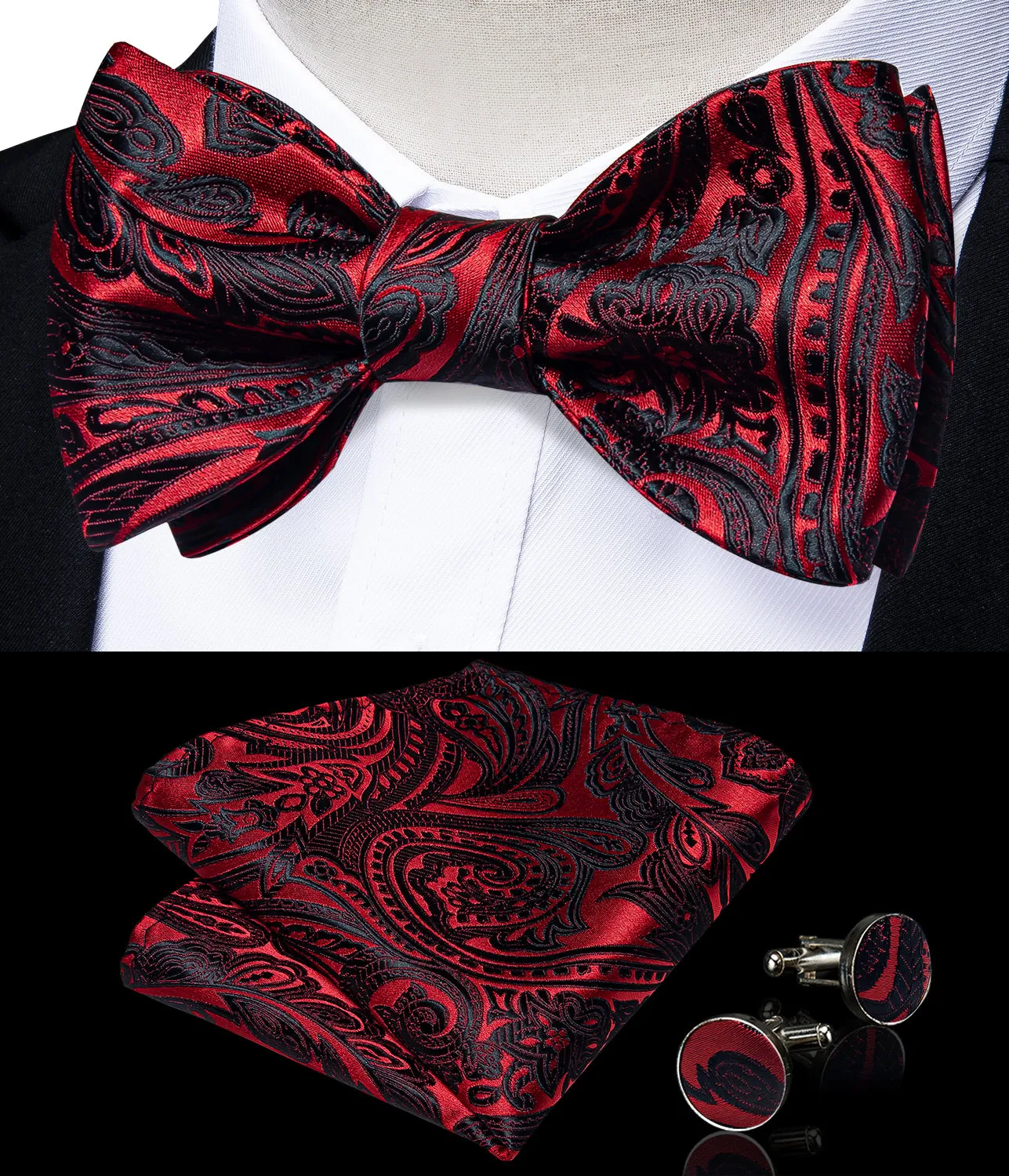 Black Red Floral Silk Bowtie Pocket Square Cufflinks Set