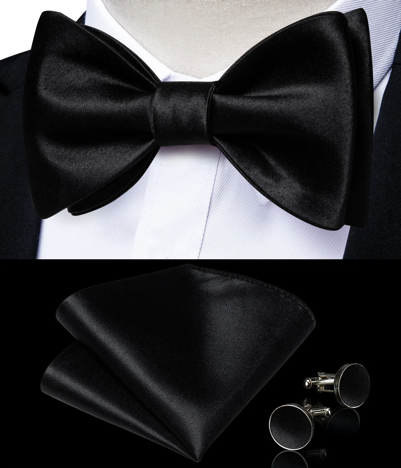 Black Solid Silk Bowtie Pocket Square Cufflinks Set