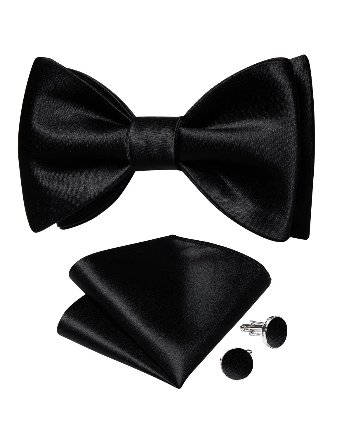 Black Solid Silk Bowtie Pocket Square Cufflinks Set