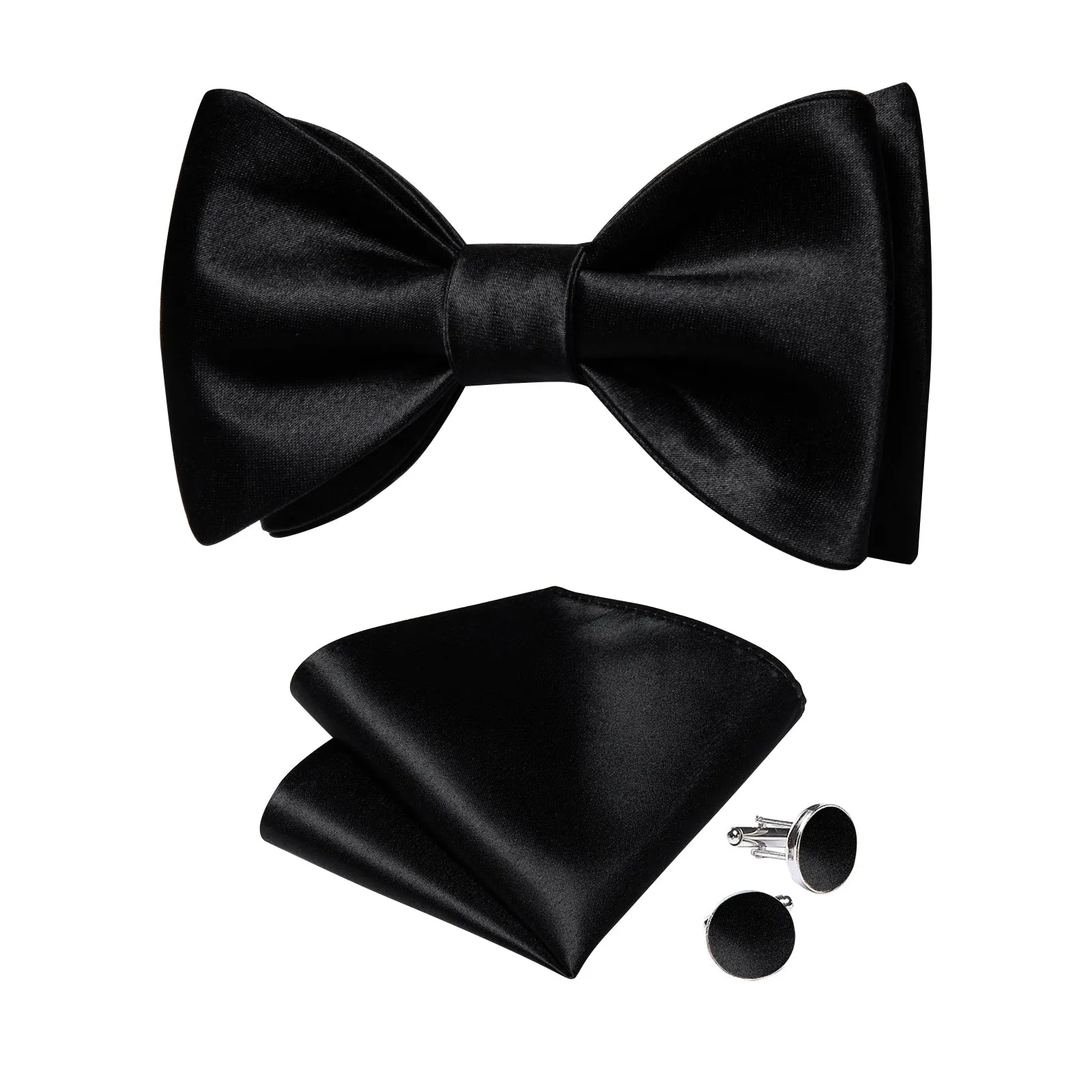 Black Solid Silk Bowtie Pocket Square Cufflinks Set