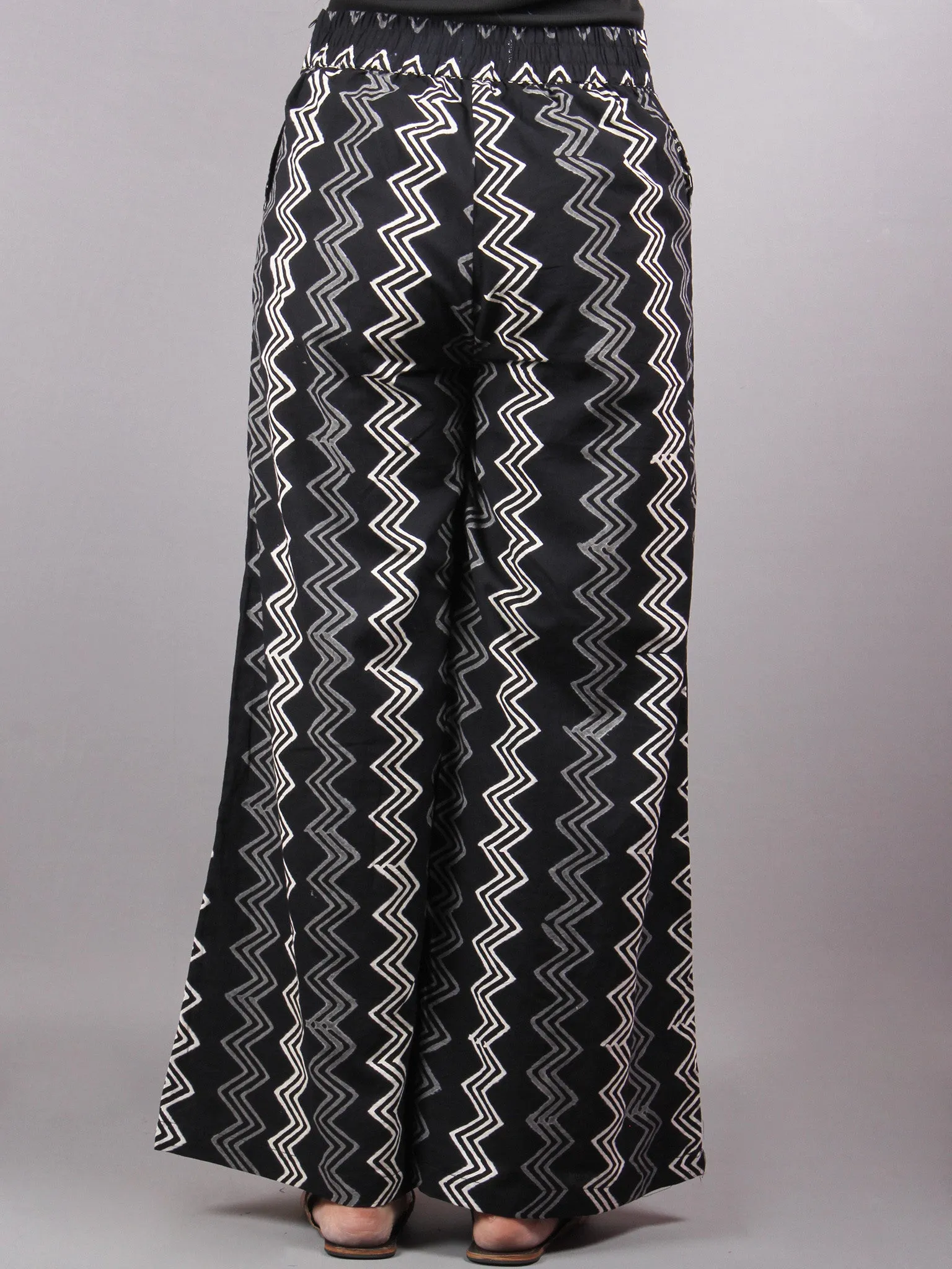 Black Zig Zag Hand Block Printed Elasticated Waist Pleated Cotton Palazzo - P1117078