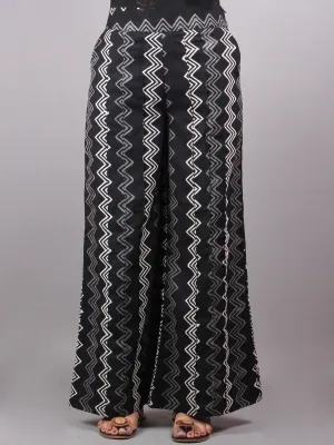 Black Zig Zag Hand Block Printed Elasticated Waist Pleated Cotton Palazzo - P1117078