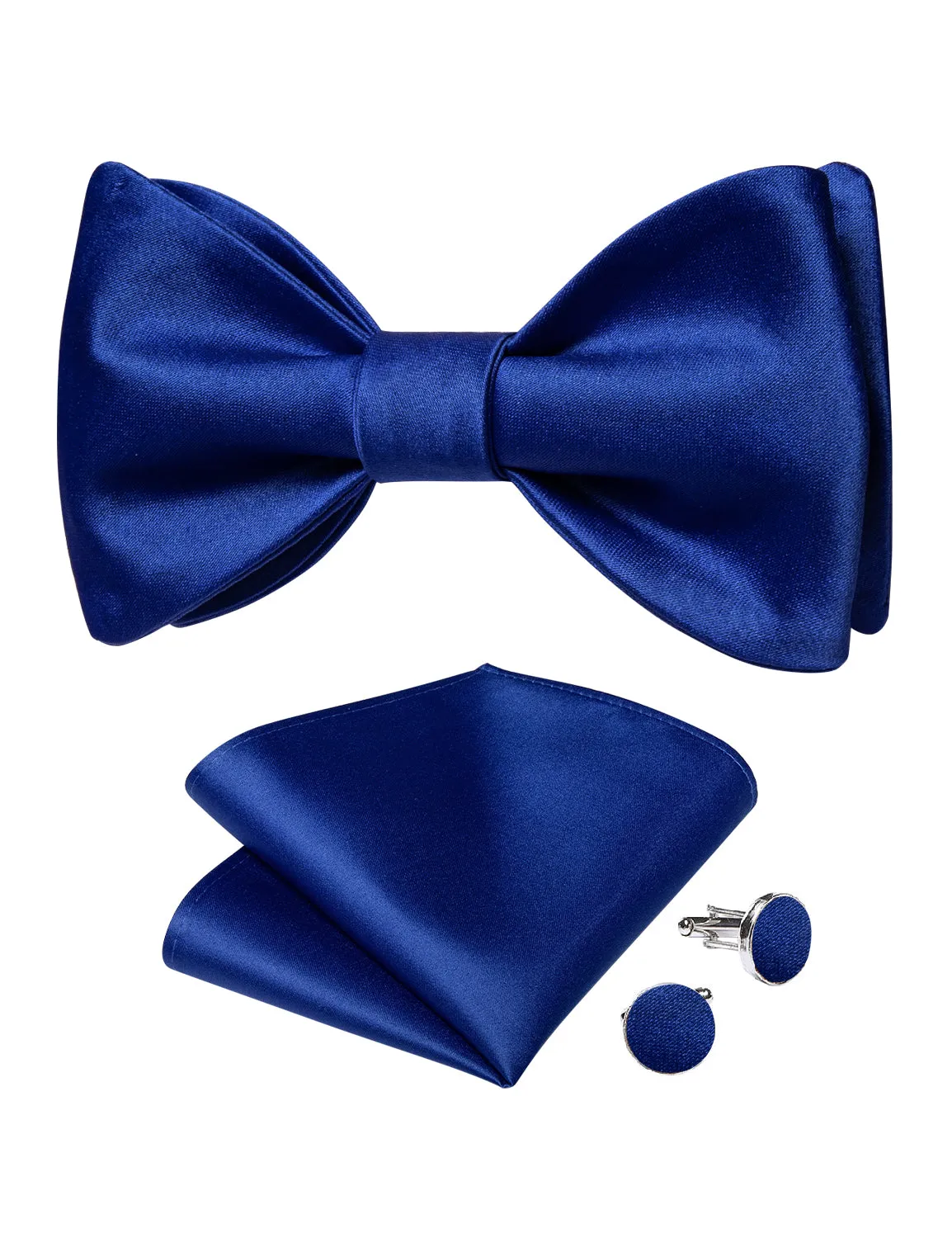 Blue Solid Silk Bowtie Pocket Square Cufflinks Set