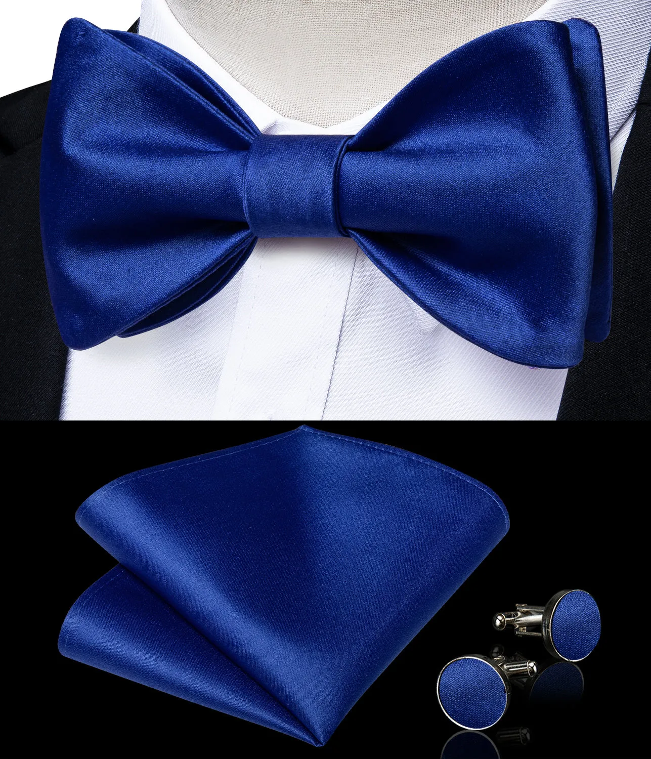 Blue Solid Silk Bowtie Pocket Square Cufflinks Set