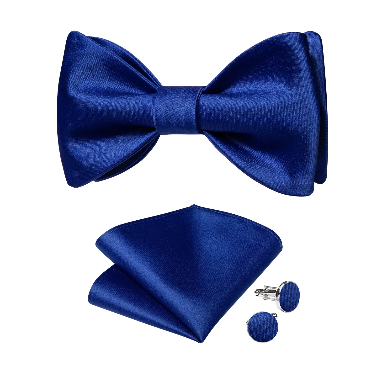 Blue Solid Silk Bowtie Pocket Square Cufflinks Set