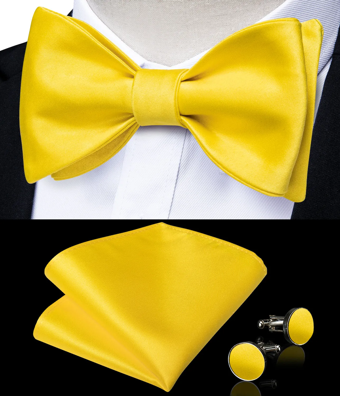 Bright Yellow Solid Silk Bowtie Pocket Square Cufflinks Set