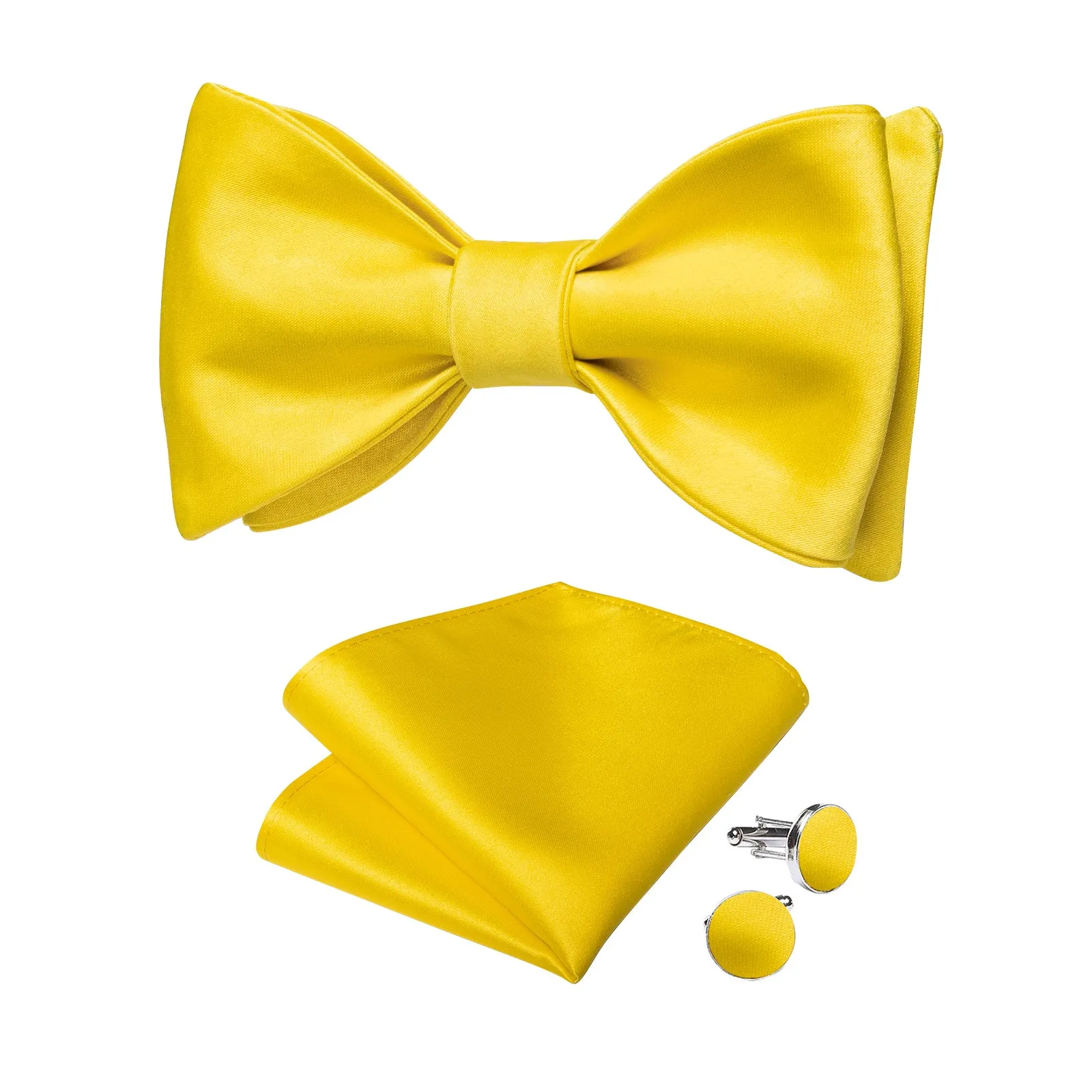 Bright Yellow Solid Silk Bowtie Pocket Square Cufflinks Set