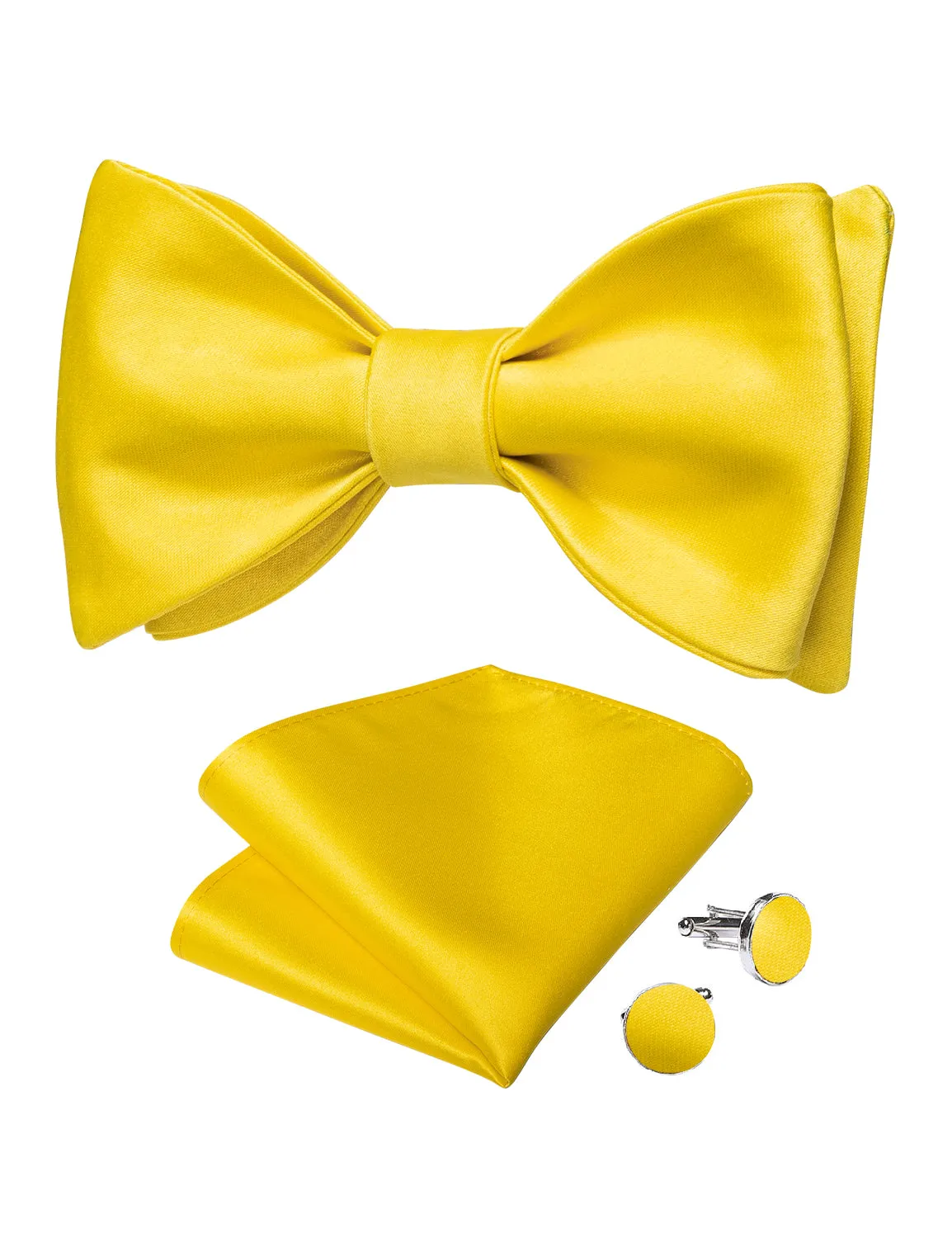 Bright Yellow Solid Silk Bowtie Pocket Square Cufflinks Set