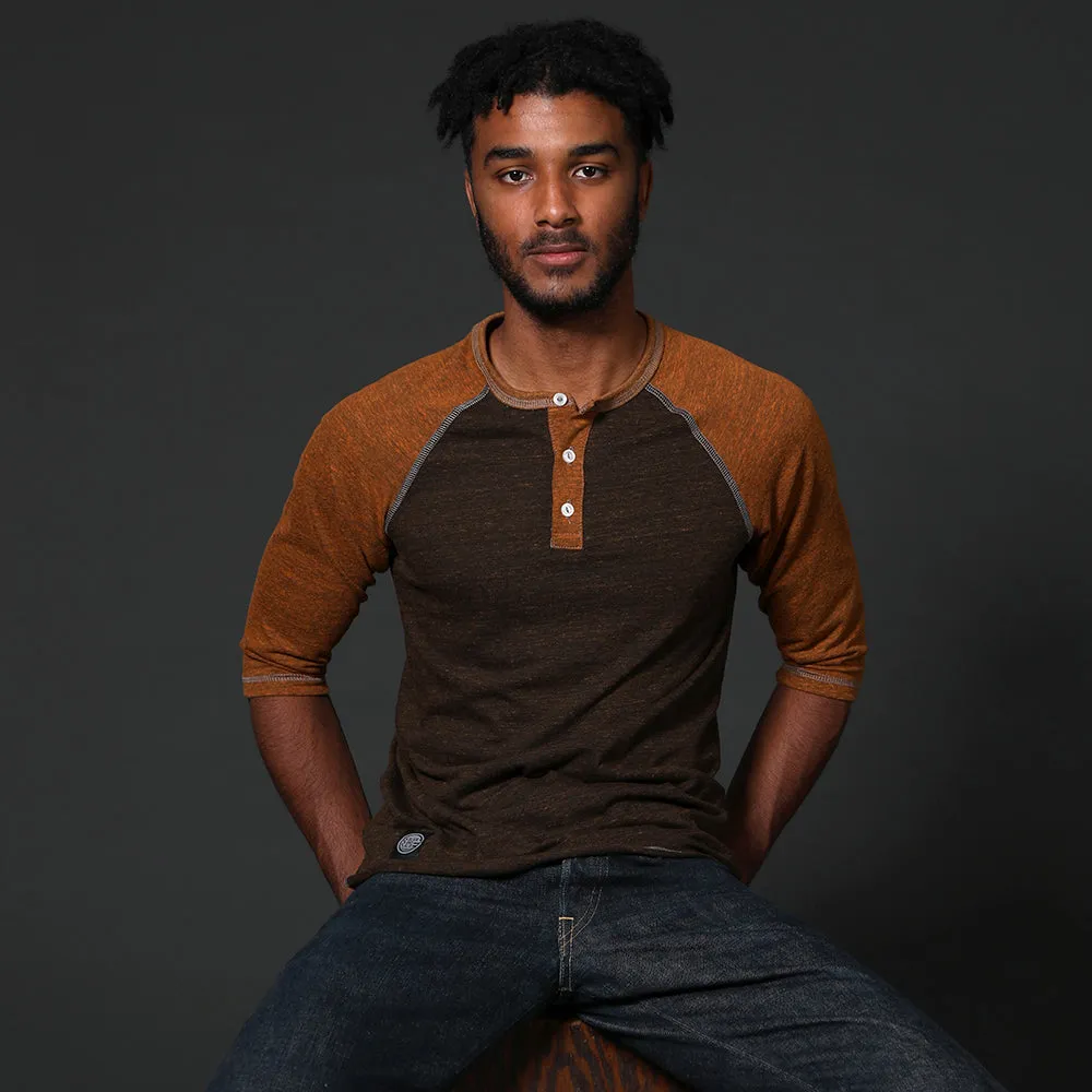 Camel & Chocolate Contrast 3/4 Raglan Sleeve Henley (Sizes XL & XXL Available)