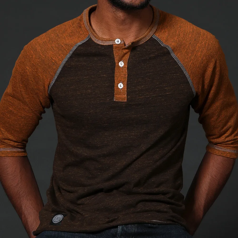 Camel & Chocolate Contrast 3/4 Raglan Sleeve Henley (Sizes XL & XXL Available)