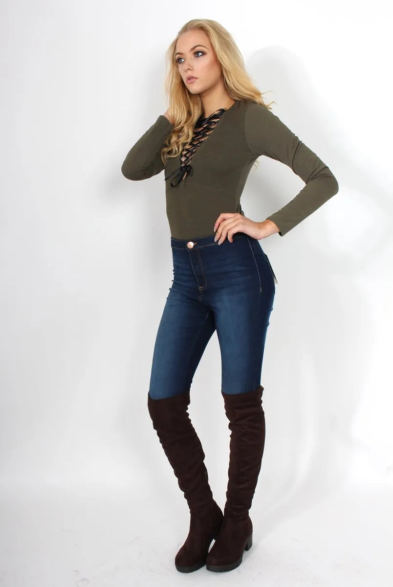 Cheryl Khaki Tie Up Long Sleeved Bodysuit