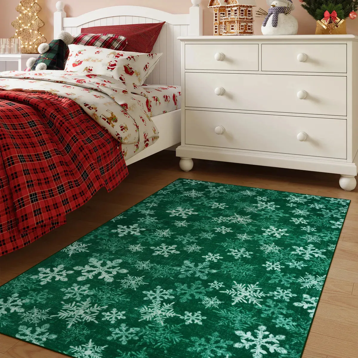 Christmas Frosted Snowflake Green Area Rug