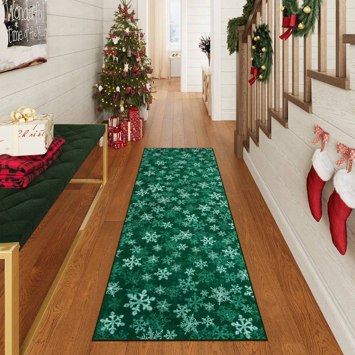 Christmas Frosted Snowflake Green Area Rug