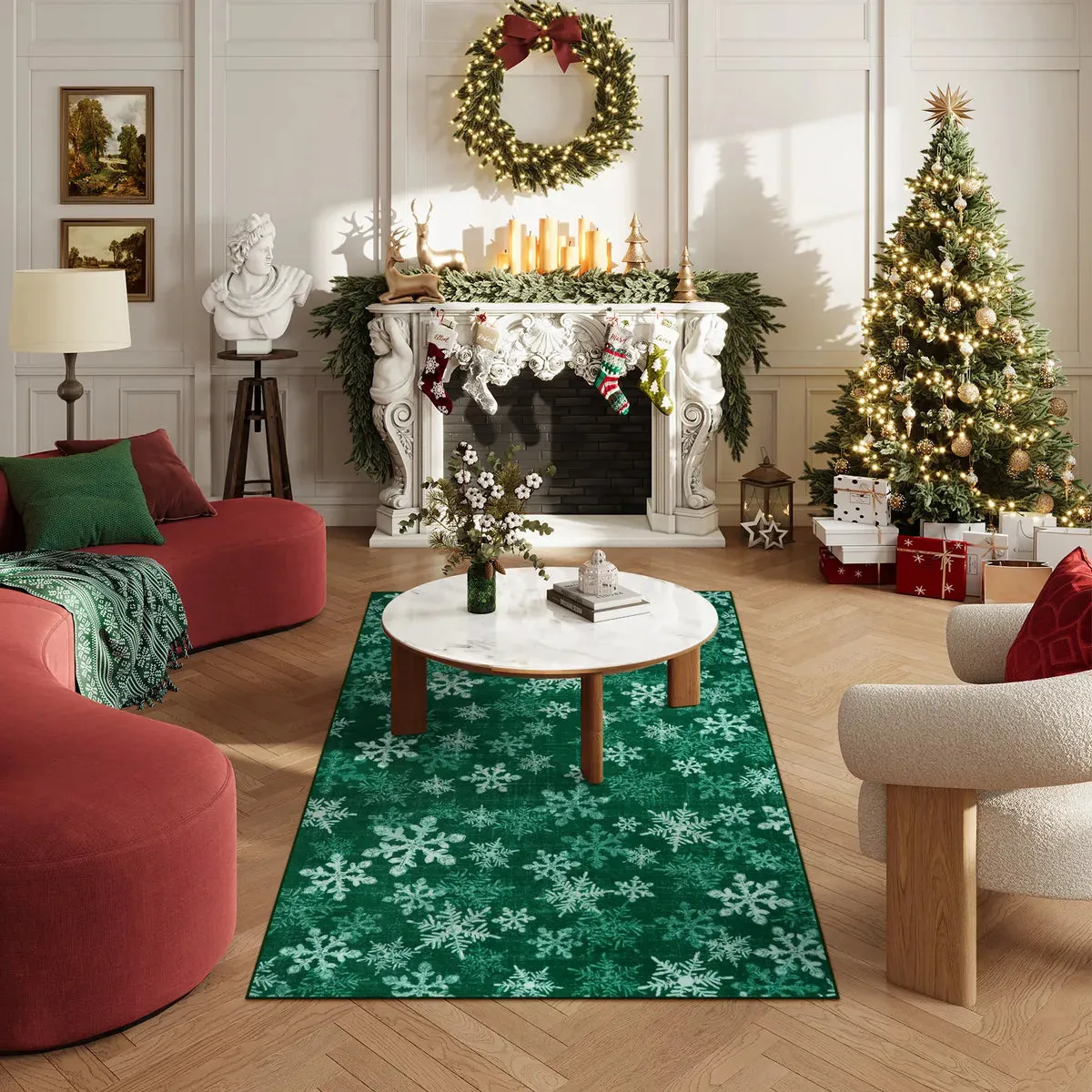 Christmas Frosted Snowflake Green Area Rug