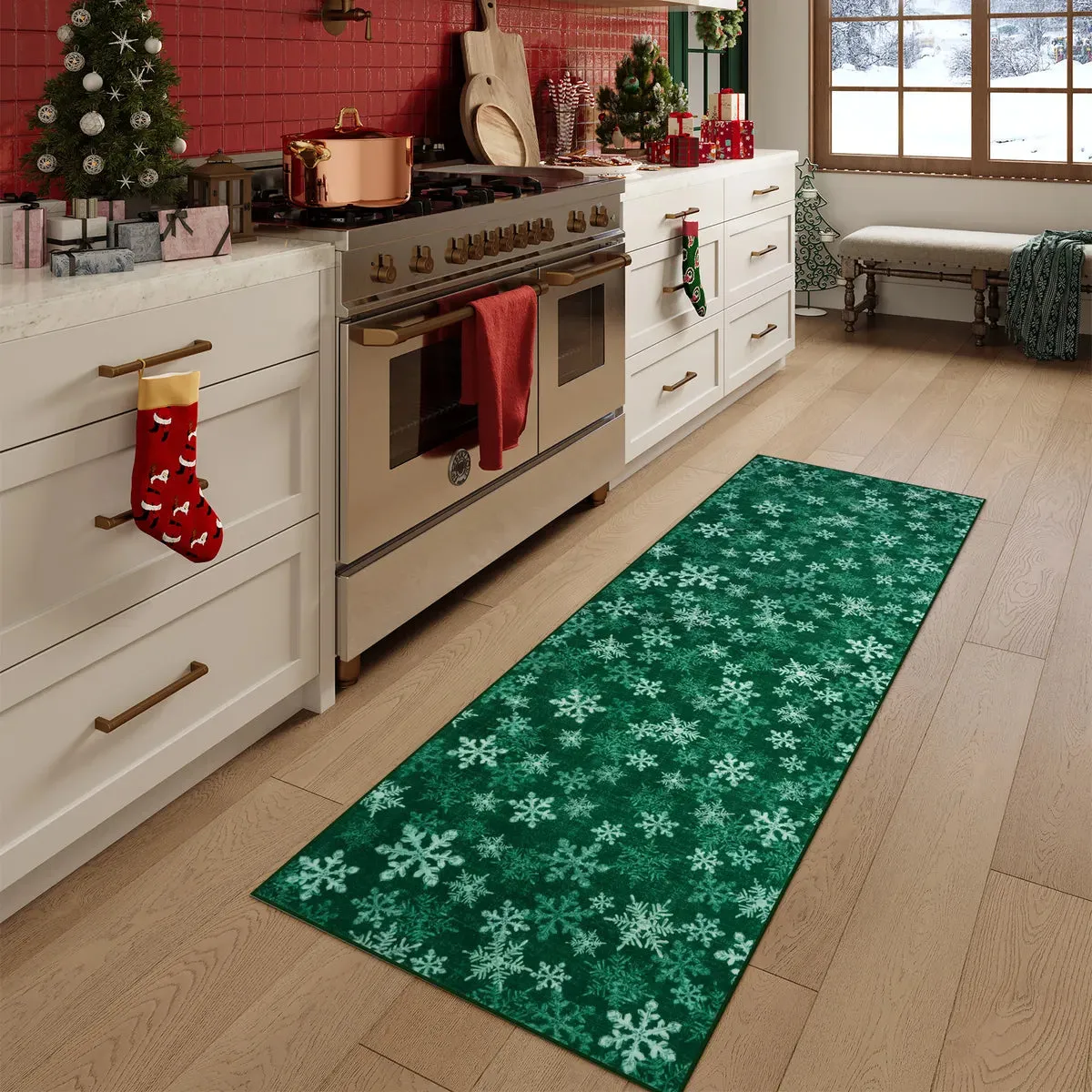 Christmas Frosted Snowflake Green Area Rug