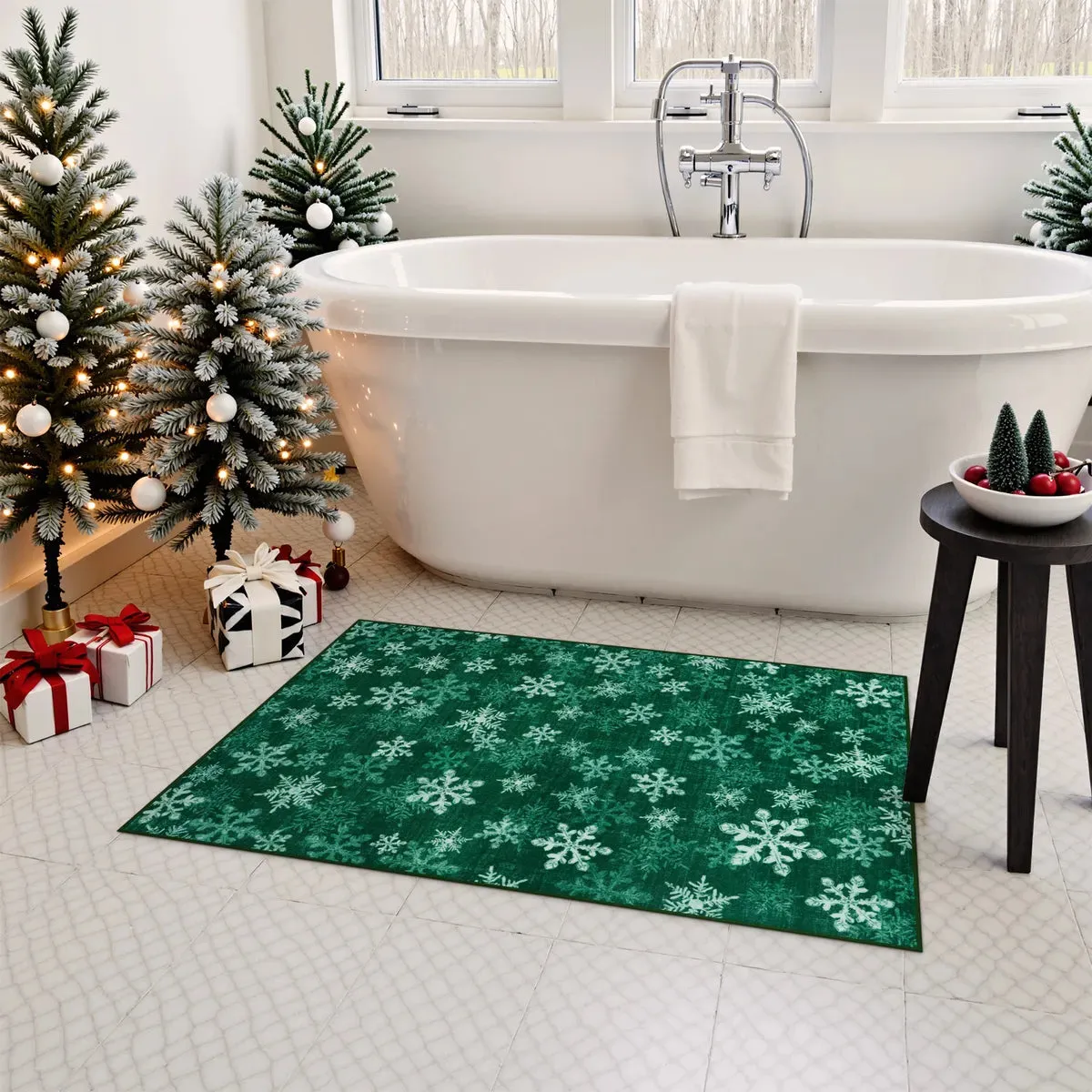 Christmas Frosted Snowflake Green Area Rug