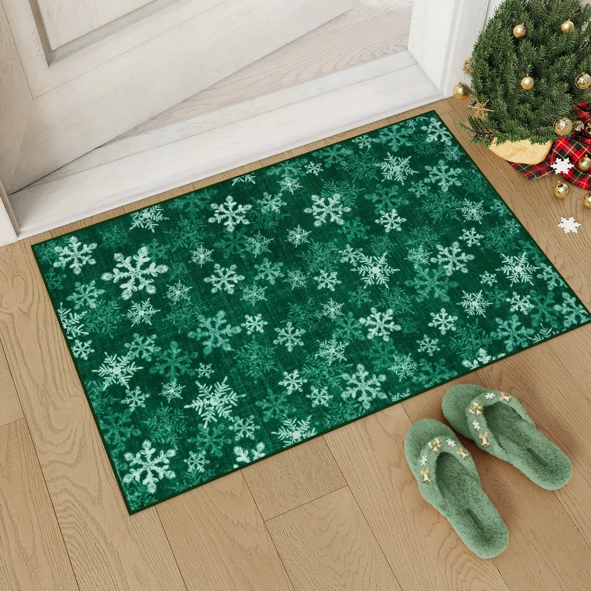 Christmas Frosted Snowflake Green Area Rug