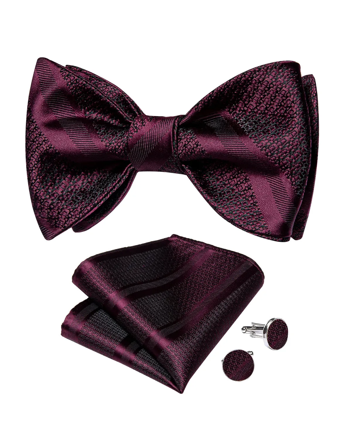 Claret Solid Silk Bowtie Pocket Square Cufflinks Set