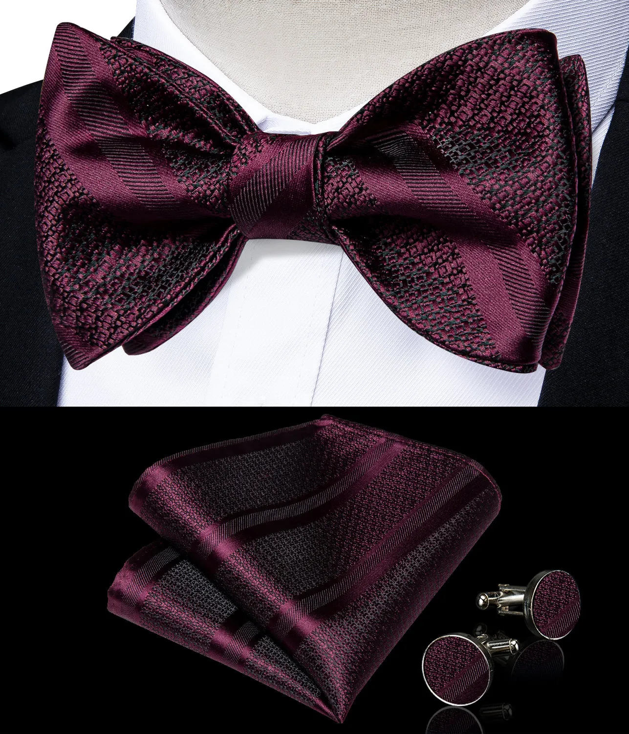 Claret Solid Silk Bowtie Pocket Square Cufflinks Set