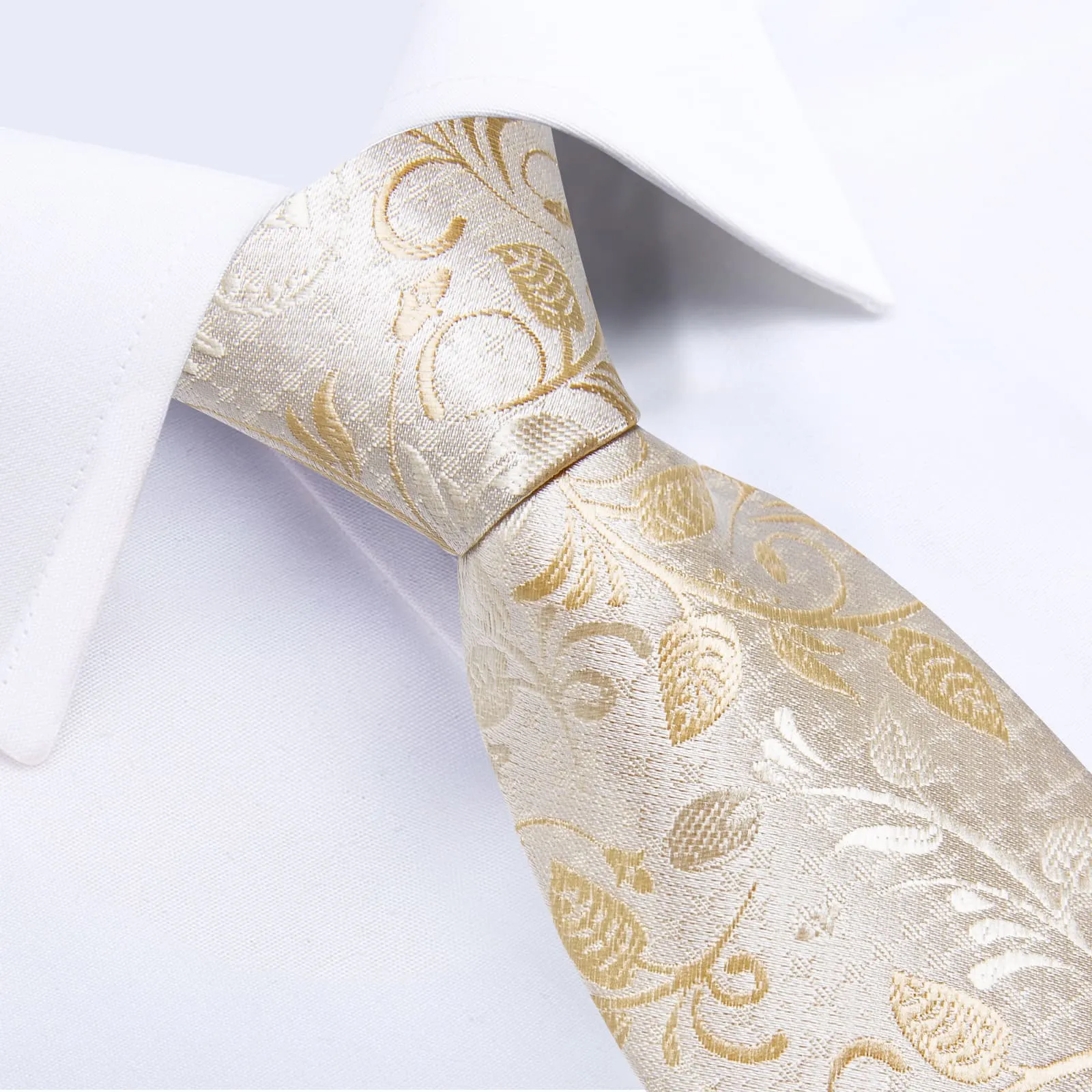 DiBanGu Silk Tie Cream White Floral Lazy Easy-pull Mens Dress Tie Set Fashion