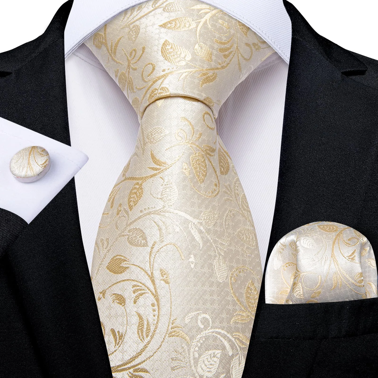 DiBanGu Silk Tie Cream White Floral Lazy Easy-pull Mens Dress Tie Set Fashion